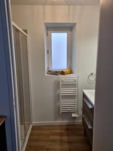 ein Bad mit einem Fenster, einem Waschbecken und einem Spiegel in der Unterkunft Au Petit Ronceraie in Blois
