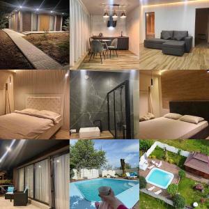 a collage of photos of a house with a pool at Vip Sadyba Svalyava Apartment in Svalyava