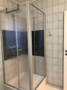 a shower with a glass door in a bathroom at Ferienwohnung Zum Dütetal OG Apartment 1 in Hilter am Teutoburger Wald