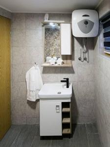 uma casa de banho com um lavatório branco e um espelho. em Jerry's Cottage Banja Luka em Banja Luka