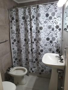 łazienka z toaletą, umywalką i zasłoną prysznicową w obiekcie Departamentos calle 8 w mieście Necochea