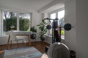a living room with a treadmill and a desk and windows at Sunshine River Flat in Hohentengen