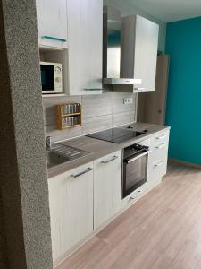 a kitchen with white cabinets and a sink and a microwave at Vlastná izba 5min od letiska in Bratislava