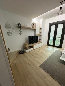 ein Wohnzimmer mit einem TV und Holzböden in der Unterkunft Duplex Casa da barbeira in Cangas