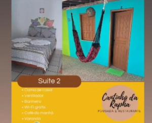 a poster of a bedroom with a bed and a door at Cantinho da Rapha in Ilha de Boipeba