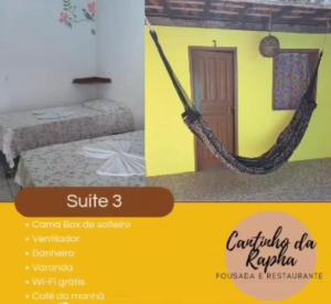 een flyer voor een hotel met een hangmat in een kamer bij Cantinho da Rapha in Ilha de Boipeba