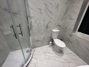 a white bathroom with a shower and a toilet at The Pleasant House in Manchester