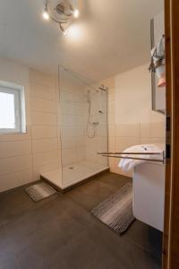 een badkamer met een douche met een glazen wand bij Haus Faninger - SUMMERCARD included in Kaprun