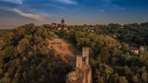 un antiguo castillo en la cima de una colina con árboles en Maison de l Albine, gite de groupe, en Peyrusse-le-Roc