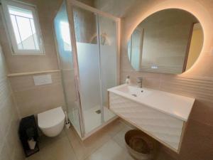 La salle de bains est pourvue d'un lavabo, d'une douche et de toilettes. dans l'établissement Villa Seine, à Bezons