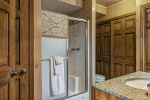 a bathroom with a shower and a sink at 1717 Lakeside Chalet by Sarah Bernard Vacation Rentals in Innsbrook