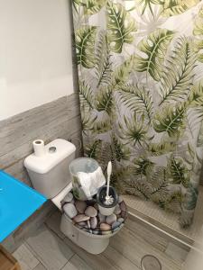 uma casa de banho com um WC e uma cortina de chuveiro em Apartamento playa picasso em Santa Cruz de Tenerife