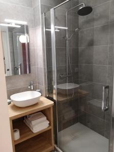 a bathroom with a glass shower and a sink at Le Relais d'Avajan in Avajan