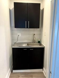 a kitchen with a sink and black cabinets at Nice and Cozy guest house in Miami