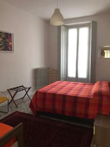 ein Schlafzimmer mit einem Bett mit einer karierten Decke und einem Fenster in der Unterkunft I Marici in Pavia