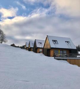 Une rangée de maisons en bois dans la neige dans l'établissement Bystre Domki, à Nowe Bystre
