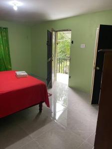 Habitación con cama roja y paredes verdes en Zayne's comfort zone, en Hayes