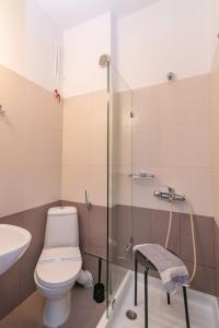 Agali bay hotel في تينوس تاون: حمام مع مرحاض ودش زجاجي