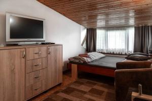 een kamer met een bed en een flatscreen-tv bij Chata Rodinka in Vinné