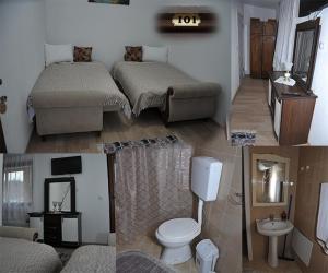 trzy zdjęcia pokoju z dwoma łóżkami i łazienką w obiekcie Etno kuca-Vila w mieście Štrpce