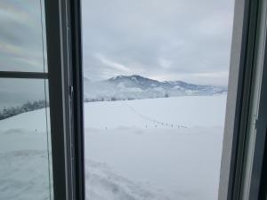uma janela com vista para um campo coberto de neve em Ferienwohnungen Maderebner em Gröbming