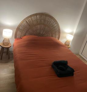 - un grand lit avec une couverture orange et 2 lampes dans l'établissement Charmant 3 pièces à Nice, à Nice 27 autres photos