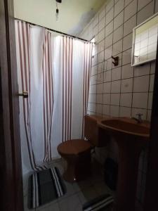 ein Badezimmer mit einem Duschvorhang, einem WC und einem Waschbecken in der Unterkunft Moka Refúgium - Casa de praia, aconchegante e espaçosa in Belém
