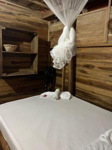 Bett in einem Zimmer mit Holzwänden und -decken in der Unterkunft the mompe beach hostal in La Poza