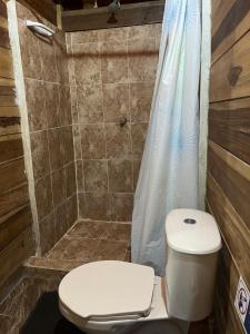 a bathroom with a toilet and a shower at the mompe beach hostal in La Poza