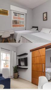 dwa zdjęcia sypialni z dwoma łóżkami w obiekcie Apartamento a 140 metros da Praia de Santos w mieście Santos