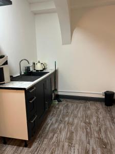 een keuken met een wastafel en een aanrecht bij 2 bedroom flat in Swansea