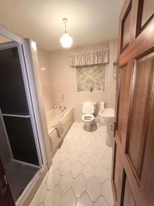 a bathroom with a toilet and a tub and a sink at Cosy 3 Bed Retreat in Omagh in Omagh