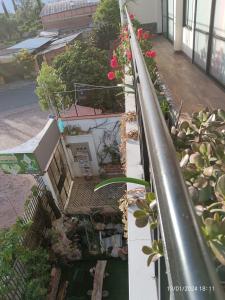 een uitzicht op een gebouw met planten op een balkon bij Casa Qura Qura in Cochabamba