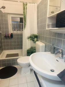 a bathroom with a toilet and a sink at SaNa Immobilien in Spenge