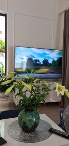 uma sala de estar com televisão e um vaso sobre uma mesa em Minh An Homestay em HÆ°ng YÃªn