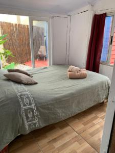uma cama com duas almofadas num quarto em Green House Hostel em Cabo Polonio
