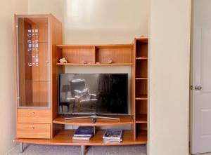 a tv in a wooden entertainment center at Nice Central Studio Apartment in Santo Domingo