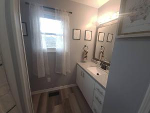 uma casa de banho com um lavatório, um espelho e uma janela em Hidden Gem close to Athens/Logan em Nelsonville