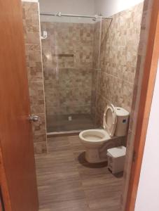 a bathroom with a toilet and a shower at El santorini colombiano en Doradal in Puerto Triunfo