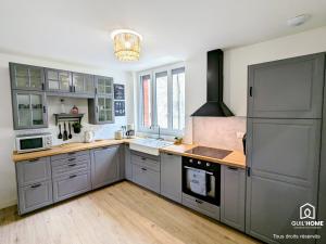 a large kitchen with gray cabinets and a sink at Terrasse végétalisée - Climatisation - Local vélo - Parking gratuit dans la rue in Orléans +7 photos