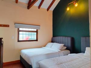 two beds in a room with a green wall at Hotel PiedradeLuna in Villa de Leyva
