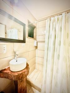 a bathroom with a sink and a shower at Cabaña Alto del Bosque in Coñaripe