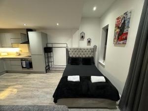 um quarto com uma cama com duas almofadas em LT Apartment 62 - FREE PARKING em Leicester