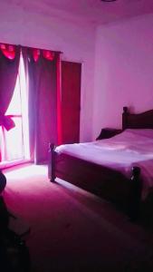 Schlafzimmer mit einem Bett und einem Fenster mit roten Lichtern in der Unterkunft Departamentos temporarios carlos 3 in Vuelta del Paraguayo