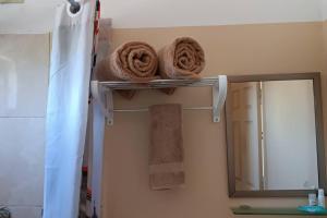 a towel rack with towels and a mirror in a bathroom at Loft Flor de Pitaya in Cabo San Lucas