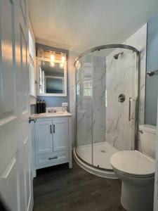 a bathroom with a shower and a toilet and a sink at Beautifully Acquainted Home. Close to DT GSO! in Greensboro