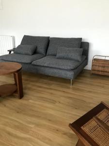 ein Wohnzimmer mit einem grauen Sofa und einem Tisch in der Unterkunft Maison de village du 18ème Drôme des Collines in Les Veyrières