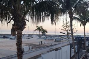 a view of a beach with palm trees and boats at Casa marea in Puerto Calero