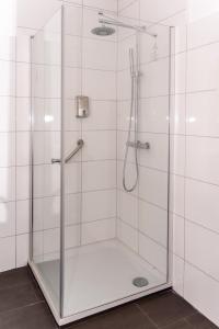 a shower with a glass door in a bathroom at Smile Apartment in Tiddische