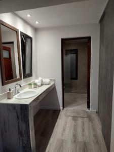 W łazience znajduje się umywalka, lustro i prysznic. w obiekcie Möller Masi w mieście Purmamarca